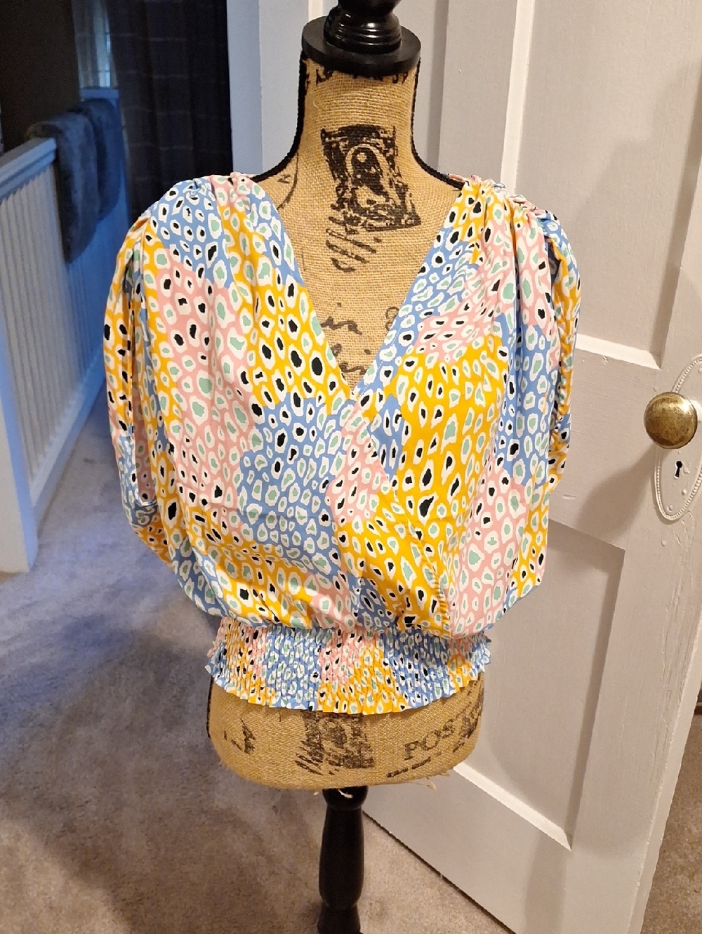 Abstract Print Puff Sleeve Wrap Blouse in Yellow, Pink & Blue
